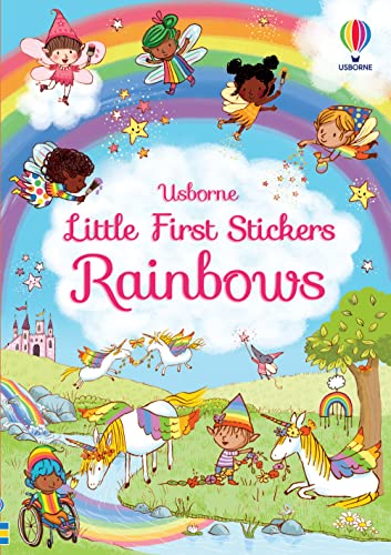 Rainbows, fairies, unicorns, and children illustrated on a sticker book cover.