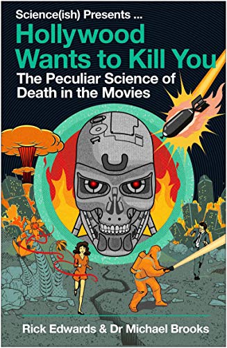 Book cover depicting robots, explosions, and people in dangerous movie scenes.