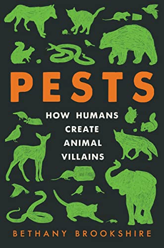 Book cover: "Pests" with green animal silhouettes and orange title.