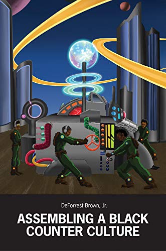 Four figures in green uniforms operate a futuristic machine against a sci-fi city background.