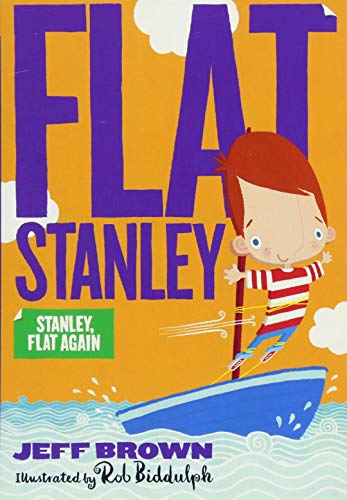 Book cover: Flat Stanley waterskiing, orange background, purple title text.
