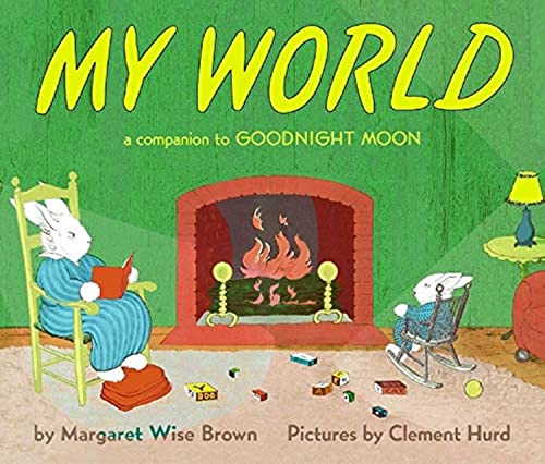 Board book cover with a bunny reading by a cozy fireplace.