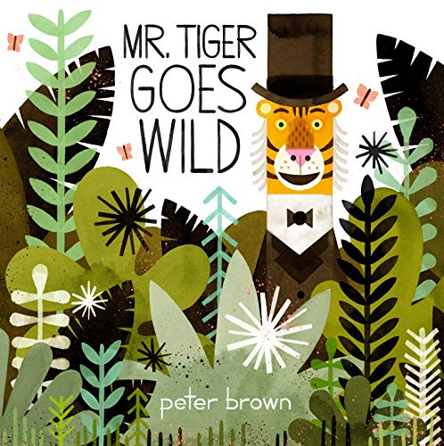 A tiger wearing a top hat and tuxedo stands amidst stylized jungle foliage.