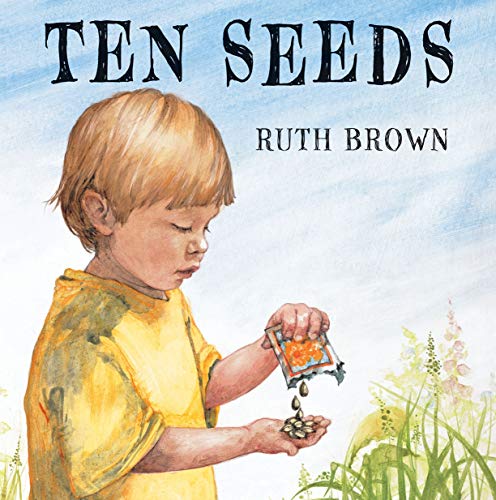 Book cover: boy scattering seeds, watercolor illustration, blue sky.