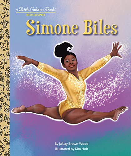 Simone Biles in a golden gymnastics leotard, illustrated book cover.