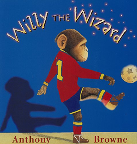 "Willy the Wizard" book cover featuring a monkey kicking a ball, wearing a red soccer jersey.