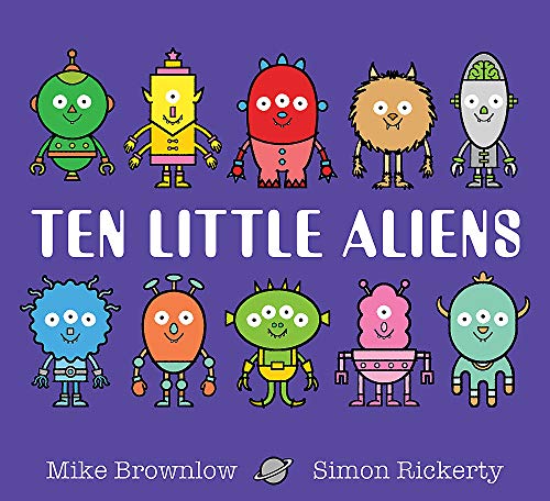 Colorful cartoon aliens on a purple background, book cover illustration.