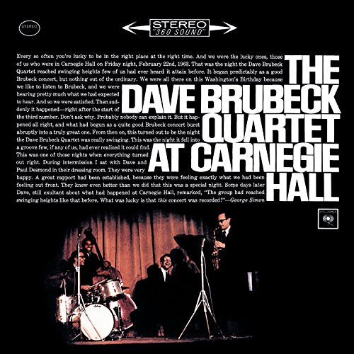 Album cover featuring the Dave Brubeck Quartet performing on stage with text overlay.
