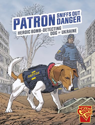 Cartoon illustration of Patron, a bomb-detecting dog, with his handler.
