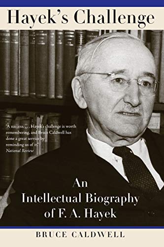 Book cover featuring a portrait of economist F.A. Hayek, with bookshelves.