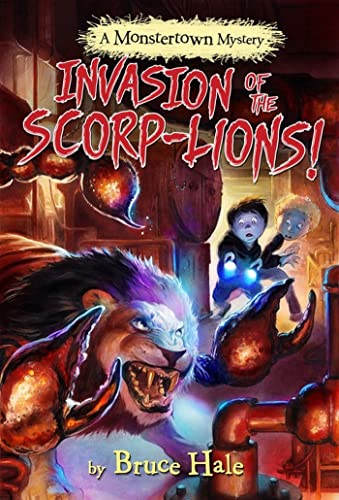 Book cover depicting children and monstrous scorp-lions in a town.