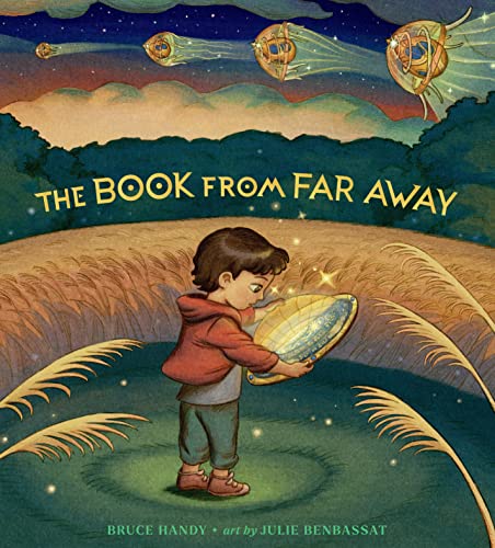 Book cover showing a boy holding a glowing book in a golden field.
