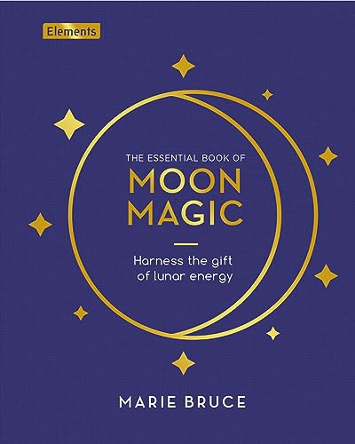 Blue book cover with gold lunar design and title āThe Essential Book of Moon Magicā.