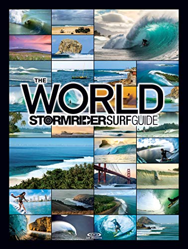 Surf guide cover with collage of ocean waves and surfers.
