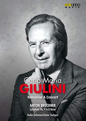 Black and white portrait of conductor Carlo Maria Giulini, DVD cover.