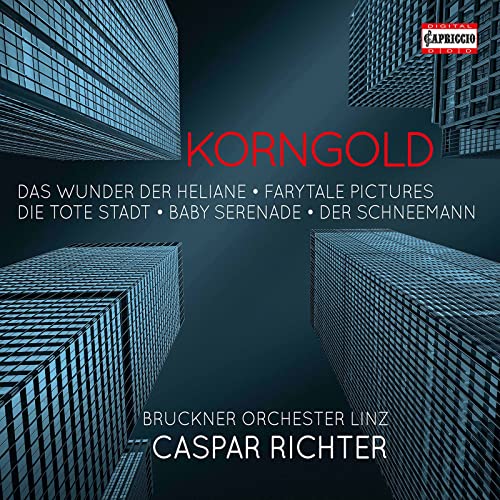CD cover for Korngold orchestral works, featuring tall buildings.