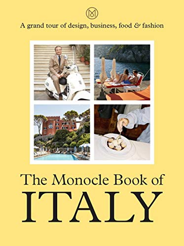 Book cover with Italian scenes: scooter, coast, food, and architecture.