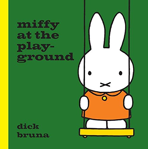 Miffy the white rabbit in an orange dress sits on a yellow swing.