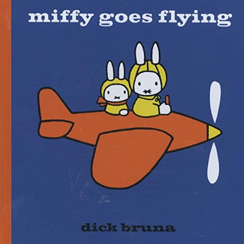 Miffy and a smaller rabbit flying in a small orange airplane on blue background.
