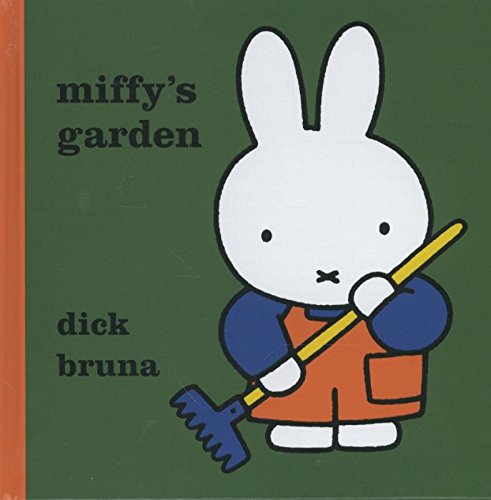 Miffy the white rabbit holding a rake on a green book cover.