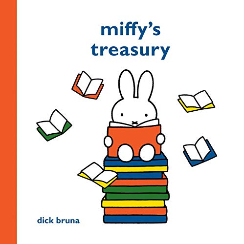Miffy sits on a stack of colorful books with open books floating around her.