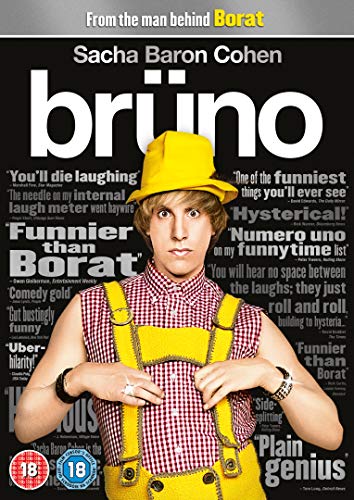 DVD cover featuring Sacha Baron Cohen as Bruno, wearing yellow hat and suspenders.