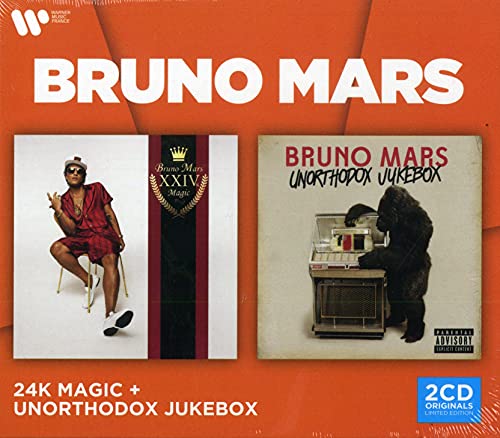 Two Bruno Mars album covers, “24K Magic” and “Unorthodox Jukebox”, displayed together.