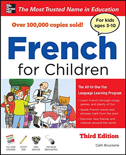 Book cover: "French for Children," third edition, with illustrated scene.