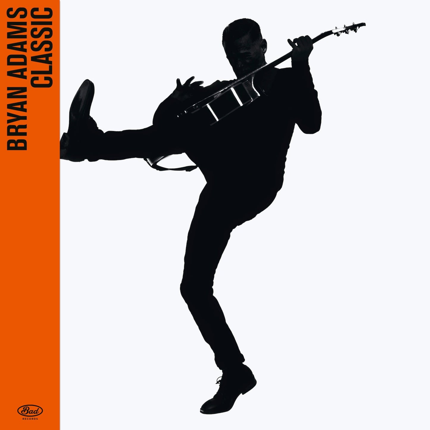 Silhouette of Bryan Adams playing guitar on an orange and white album cover.