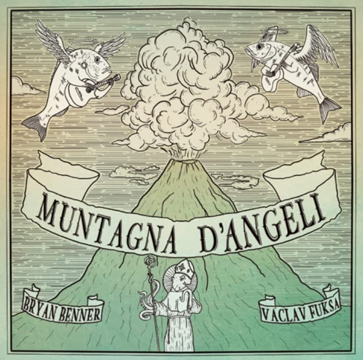 CD cover with a green mountain, flying fish, and a figure with a staff.