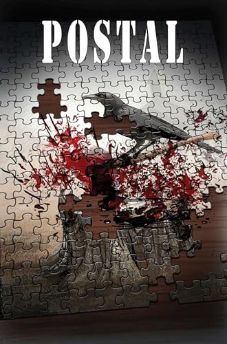 Book cover: "Postal" with a crow, blood splatter, and puzzle pieces.