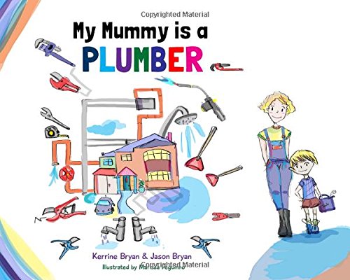 Children’s book cover: mother and son with plumbing tools and house.