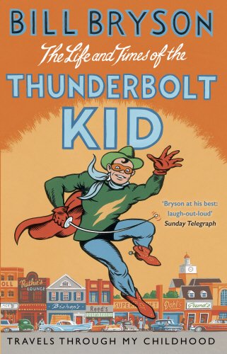 "Book cover with cartoon man flying over a town, wearing a green hat and coat."