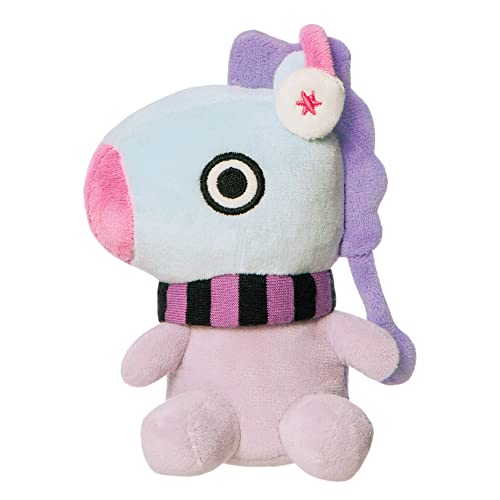 Small, plush BT21 Mang character with a pink nose and striped scarf.