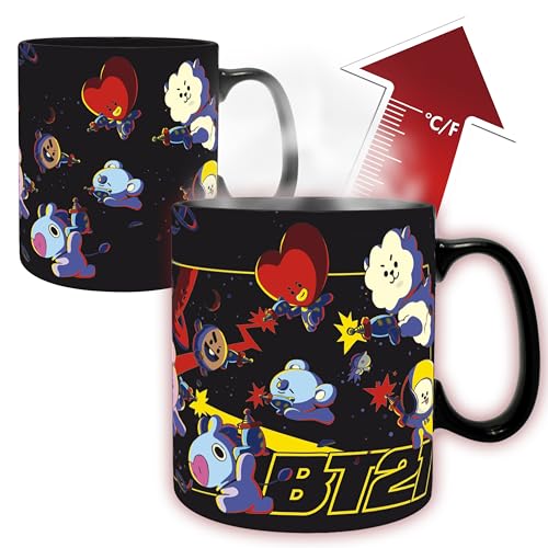 Two black BT21 space-themed mugs with colorful character designs and a temperature indicator arrow.