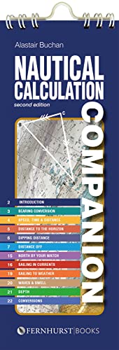 Blue nautical calculation companion book with white text and a chart image.