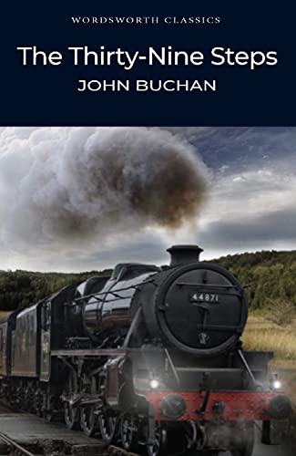 Book cover for The Thirty-Nine Steps by John Buchan featuring a steam locomotive.