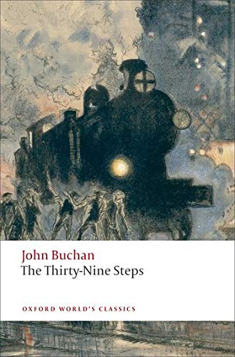 Book cover: "The Thirty-Nine Steps" with a train and figures below.