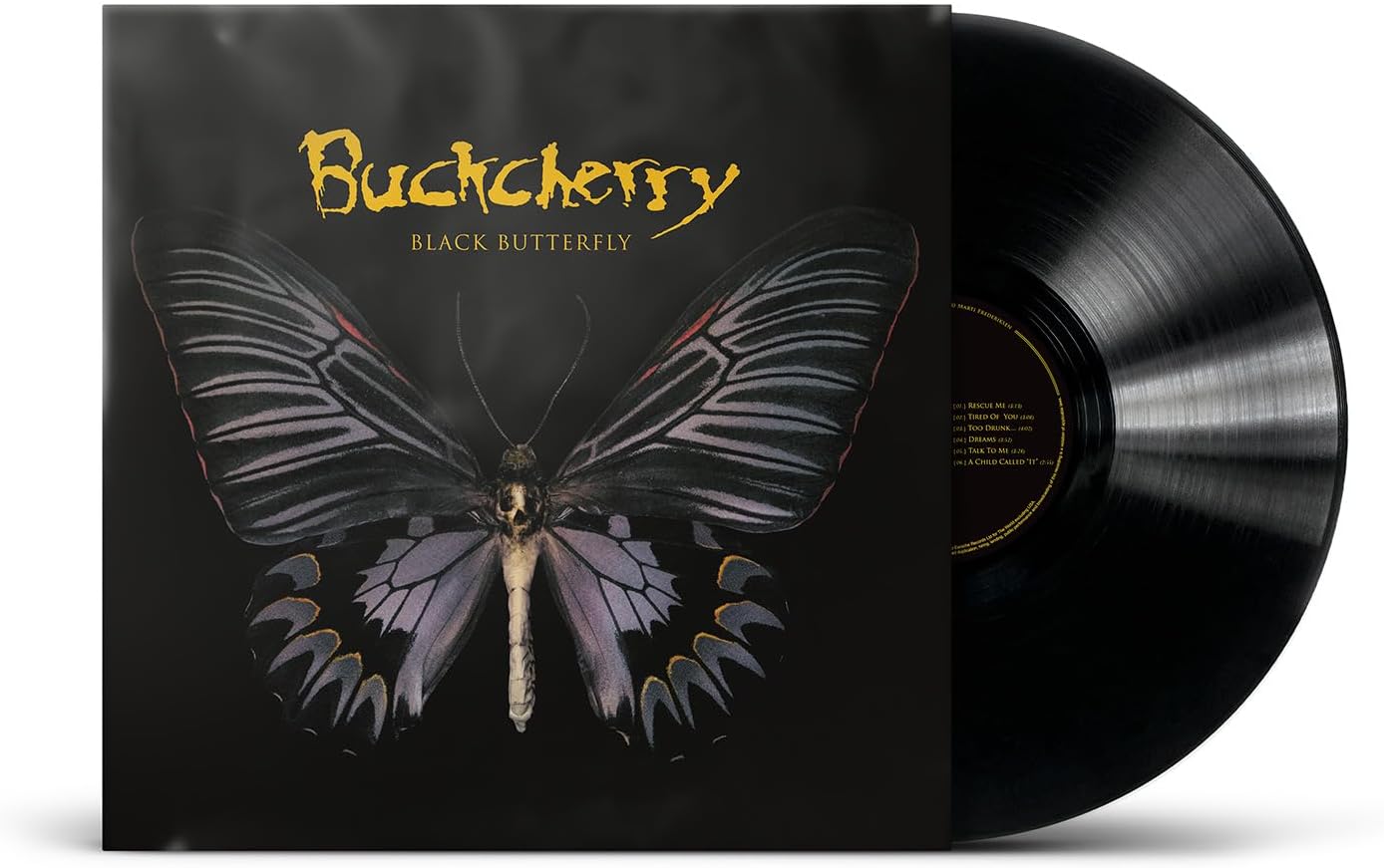 Buckcherry "Black Butterfly" vinyl record with butterfly image and black background.