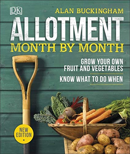 Gardening book cover with tools, vegetables, and the title "Allotment Month By Month".