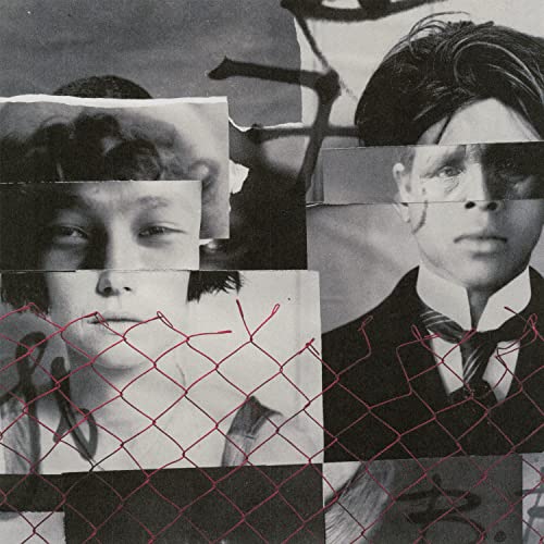 Collage of fragmented portraits with red netting, vinyl record cover.