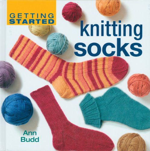 Book cover with colorful knitted socks and balls of yarn.
