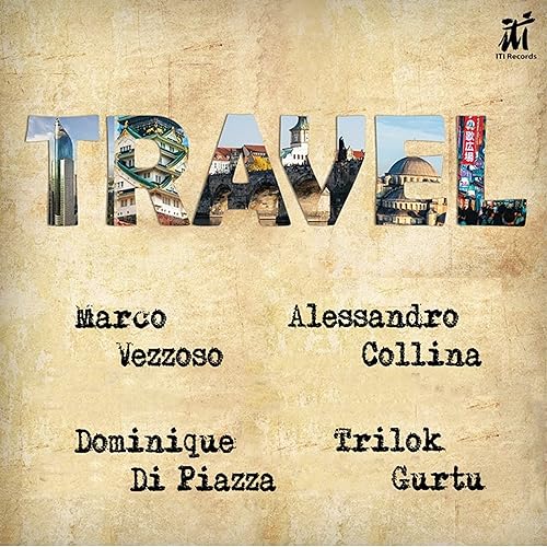 The word TRAVEL filled with travel photos over names of artists on parchment background.