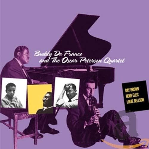 "Jazz album cover with musicians and purple background, featuring Buddy De Franco and Oscar Peterson."