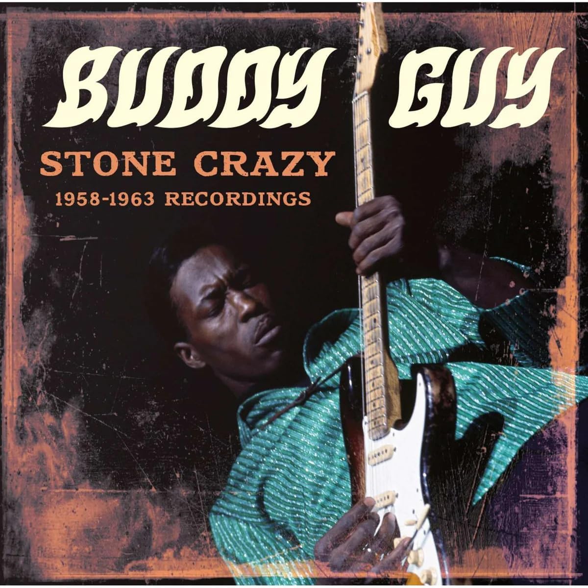 Buddy Guy playing an electric guitar on a vintage-style album cover.