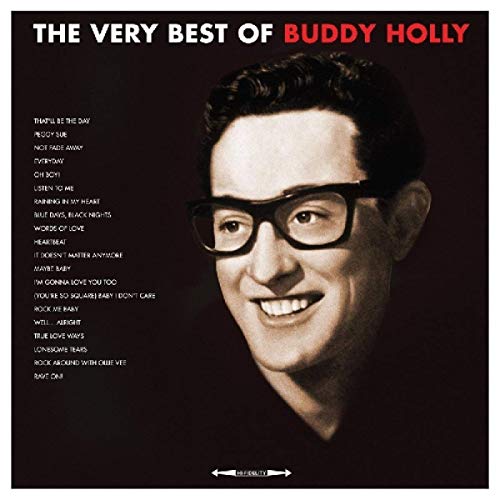 Album cover featuring a portrait of Buddy Holly with a tracklist on the left.