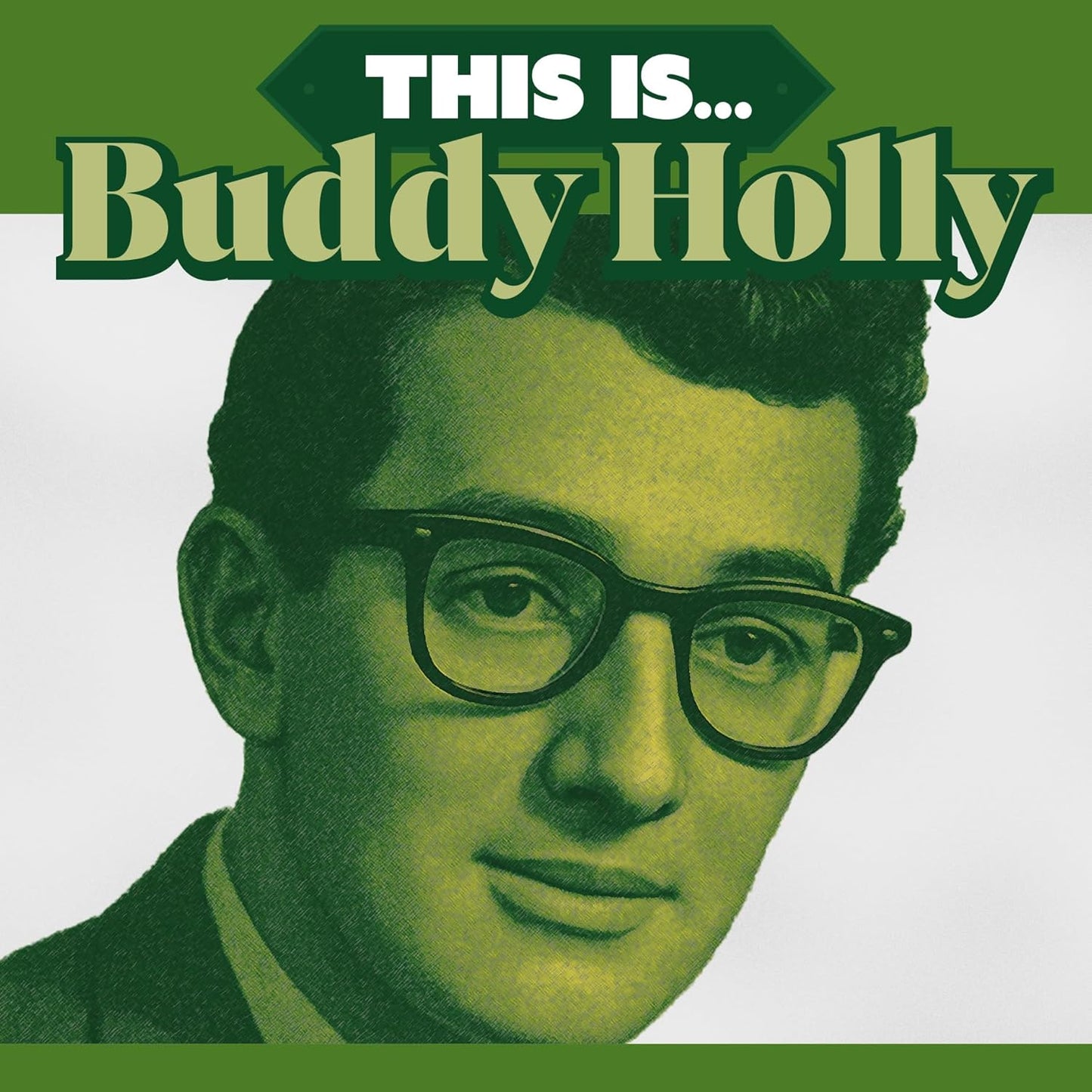 Buddy Holly portrait on a green album cover with bold text.