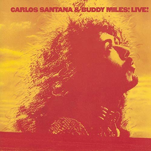 Album cover for Carlos Santana & Buddy Miles Live!, red and gold.