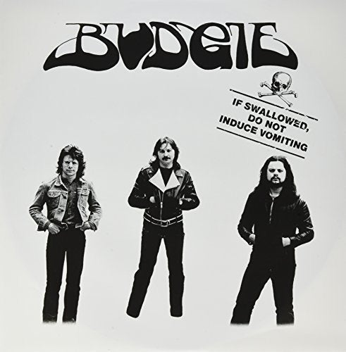 "Black and white vinyl album cover with three men and skull and crossbones symbol."