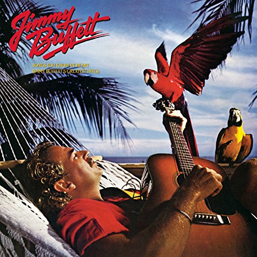 Jimmy Buffett album cover with a hammock, guitar, and parrots.